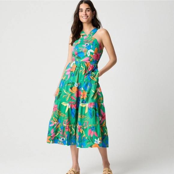 J. Crew Dresses & Skirts - J. Crew Green Tropical Floral Halter Midi Dress with Bright Accents